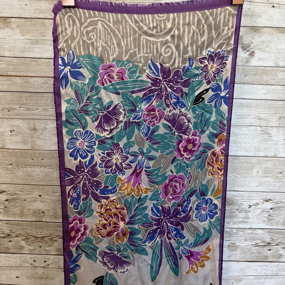 Vintage 80s Oscar de la Renta Silk Scarf Fringe Floral Purple & Teal Japan 52x11